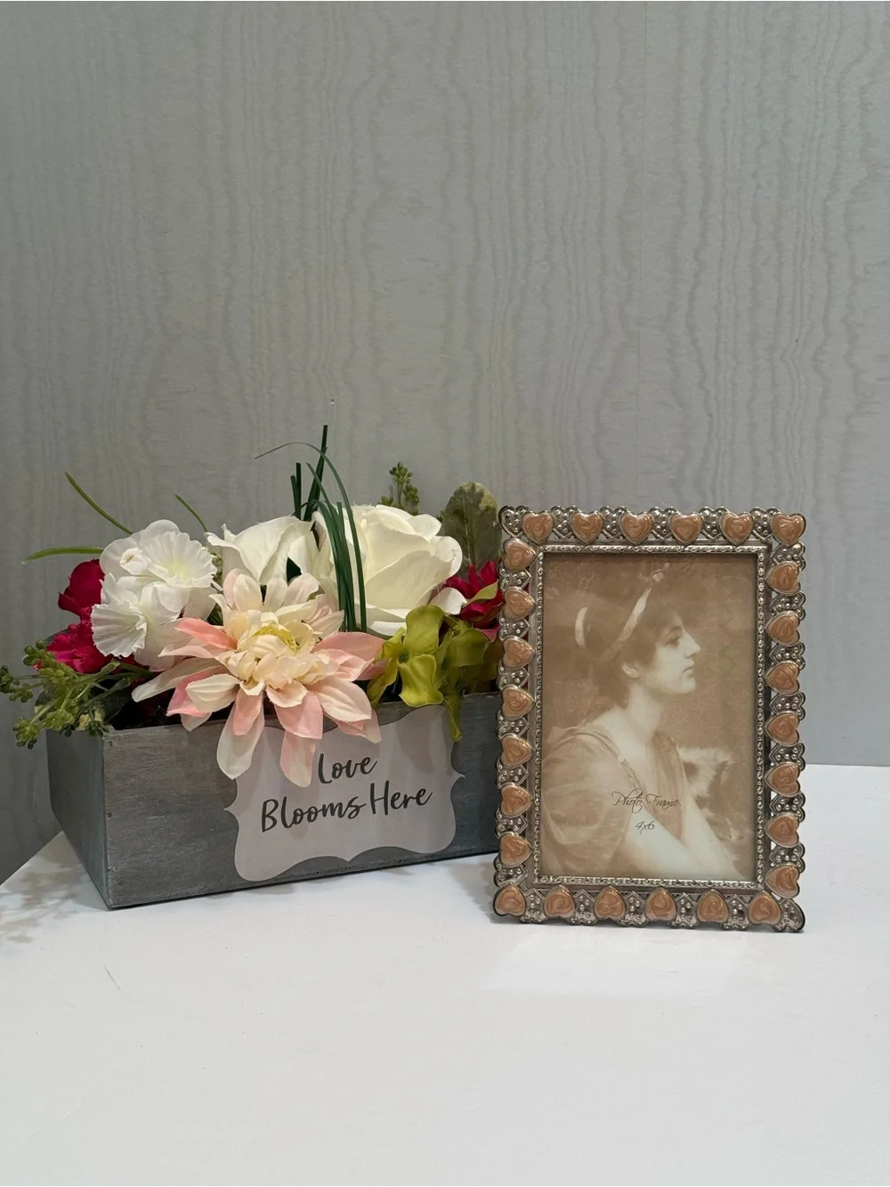 Ornate Silver & Pink Enamel Heart Picture Frame 4x6 Vintage Style Romantic